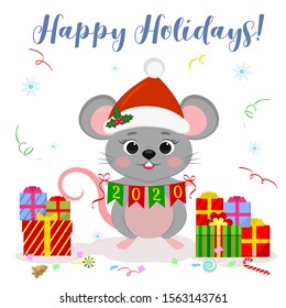 Happy New Year and Merry Christmas. Cute mouse, a rat in a Santa hat, holding flags 2020. Year of the rat. Cartoon, flat style, vector.