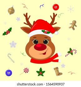 Happy New Year and Merry Christmas. Cute head reindeer in santa hat and scarf. Backdrop with christmas elements lollipop, gingerbread cookie, snowflake, confetti. Cartoon, flat style, vector.