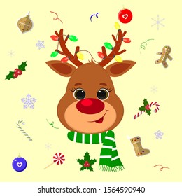 Happy New Year and Merry Christmas. Cute deer head, on the horns of a garland. Background with christmas elements lollipop, gingerbread cookies, snowflakes, confetti. Cartoon, flat style, vector