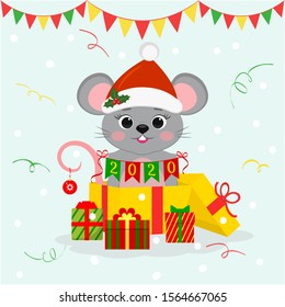 Happy New Year and Merry Christmas. A cute mouse, a rat in a Santa hat, stands in a gift box and holds the 2020 flags. Year of the rat. Cartoon, flat style, vector