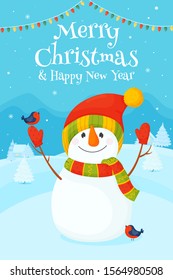 Happy New Year and Merry Christmas. Cute cheerful snowman on a background of a winter landscape. Vector illustration for greeting cards, banners.