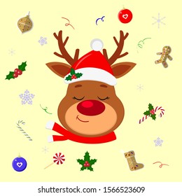 Happy New Year and Merry Christmas. Cute head reindeer in santa hat and scarf. Backdrop with christmas elements lollipop, gingerbread cookie, snowflake, confetti. Cartoon, flat style, vector.