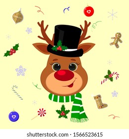 Happy New Year and Merry Christmas. Cute deer head in a hat and a snowman scarf. Background with christmas elements lollipop, gingerbread cookies, snowflakes, confetti. Cartoon, flat style, vector.
