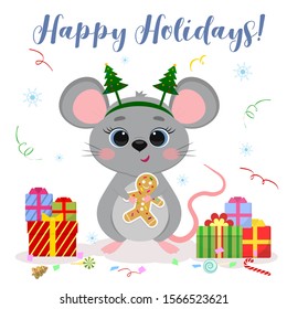 Happy New Year and Merry Christmas. Cute mouse, a rat with blue eyes in a rim with Christmas trees holds a ginger man's cookie. Year of the Rat 2020. Cartoon, flat style, vector.