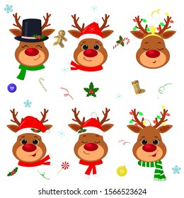 Happy New Year and Merry Christmas. Set of six cute reindeer head with different emotions in different Santa Claus hat and scarf, snowman, elf. Christmas accessories. Cartoon, flat style, vector.