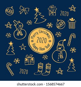 Happy New Year and Merry Christmas greeting card. Hand drawn gold winter elements. Vector.