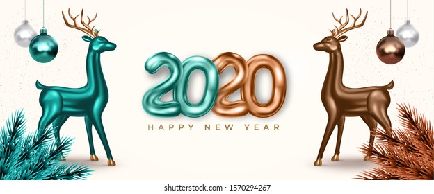 Happy New Year and Merry Christmas. Festive banner with realistic 3d deer and 2020 text. Xmas green metallic with gold reindeer. Vector holiday illustration for banner, postcard, website. 