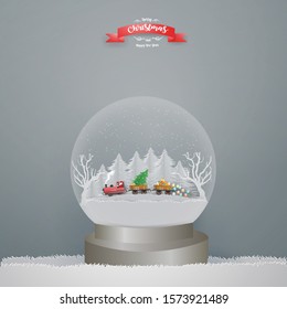 Happy new year and Merry Christmas concept withSanta Claus driving Vintage Transportation Train carry Christmas tree,snowman and gift box on gray grass in Snow globe on winter season,