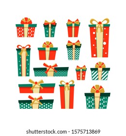 Happy New Year and Merry Christmas gift boxes set in cartoon flat style, red and green colors. Collection of decorative elements  for holiday designs, Happy Birthday greeting cards, banners.  Vector.