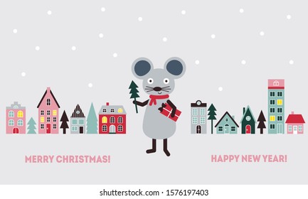 Happy New Year and Merry Christmas greeting card with cute mouse and scandinavian houses