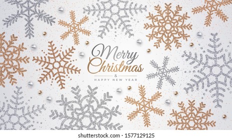 Happy New Year and Merry Christmas. Realistic background with golden and silver snowflakes. Vector holiday illustration for banner, postcard, website 