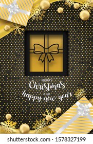 Happy new year and Merry Christmas. Design with gift box and gold snowflakes on black and gold background .vector. illustration.