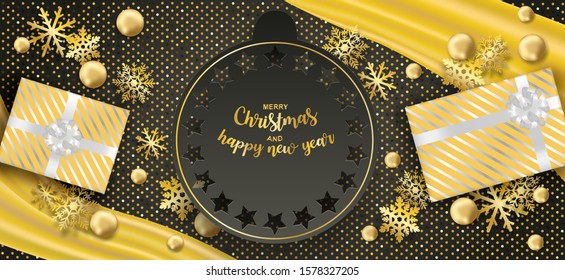 Happy new year and Merry Christmas. Design with gift box and gold snowflakes on black and gold background .vector. illustration.