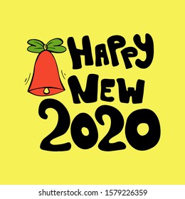 Happy New Year Merry Christmas lettering and bell. Perfect for holiday card, party invitation, poster, banner. Design template with black text isolated yellow background. Simple illustration drawing