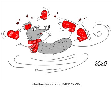 Happy New year and merry Christmas greeting card. Funny rat in red mittens, scarf and skates is falling on the ice