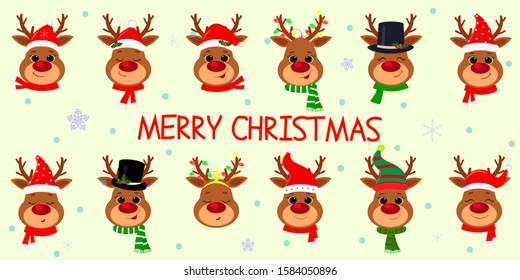 Happy New Year and Merry Christmas. Set of twelve cute deer heads with different emotions in different Santa Claus hat and scarf, snowman, elf. New Year s accessories. Cartoon, flat style, vector.