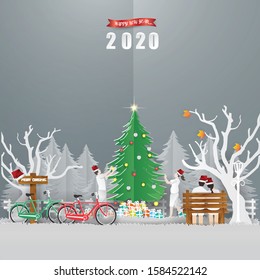 Happy new year and Merry Christmas greeting card design with Young Couple are happy and play with the Christmas tree in winter season.Paper art Vector and Illustration