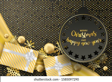 Happy new year and Merry Christmas. Design with gift box and gold snowflakes on black and gold background .vector. illustration.