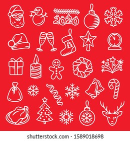 Happy New Year and Merry Christmas vector isolated white on red icons set 2020
