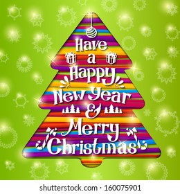 Happy New Year and Merry Christmas greeting card on bright lace background with snowflakes. And with shape of green christmas tree cut through the paper.
