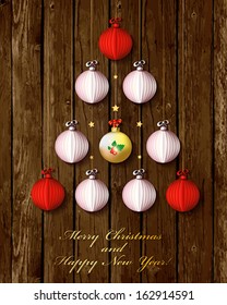 Happy New Year and Merry Christmas  card or background with  ribbons, bows, balls and stars.  Vector art.