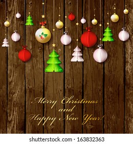 Happy New Year and Merry Christmas  card or background with  ribbons, bows, balls and stars.  Vector art.