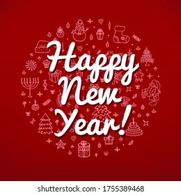 Happy New Year, Merry Christmas gift card with hand drawn elements, symbol. Happy 2020 New Year, Christmas gift card, greeting card, badge, poster, pattern, background. Vector holiday image, lettering