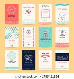 Happy New Year, Merry Christmas, family gathering event. Winter holiday congratulation card, invitation, poster templates collection with ethnic textures, knitted ornaments, thin line illustrations.