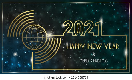 Happy New Year and Merry Christmas 2021 greeting card against the background of the starry sky. Spreading the holiday around the world. Vector illustration