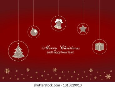 Happy New Year and Merry Christmas 2021. Merry Xmas Background design greeting card with hanging Christmas toys. Element for New Year's decoration. Vector illustration
