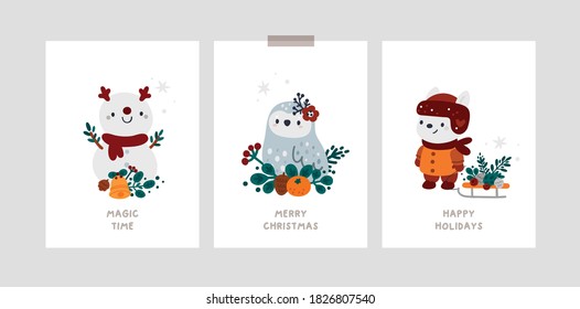 Happy new year or Merry Christmas poster, room decoration with snowman, cartoon owl and bunny. Festive xmas greeting cards. Baby Christmas Holiday milestone cards with cute bear, winter decoration