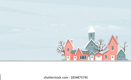 Happy new year and merry Christmas winter old town street. Christmas city. Snowy street. Urban winter landscape. Vector illustration.