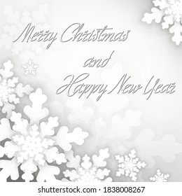 Happy new year and merry Christmas. White, openwork snowflakes. 
Holiday card. Stock vector.