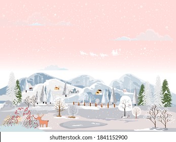 Happy New year or Merry Christmas card,Winter landscape at night with house on hills and Santa sleigh and reindeers flying over the sky with snow falling, Vector of horizontal banner winter wonderland