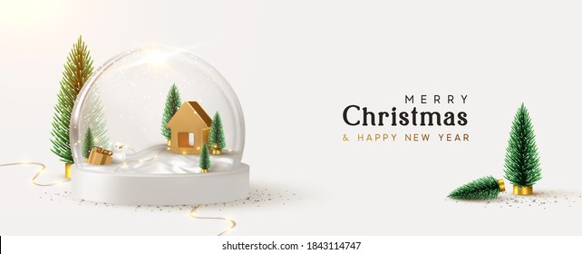 Happy New Year And Merry Christmas Banner. Xmas Snowball With Trees And House. Glass Snow Globe Realistic 3d Design. Festive Christmas Object. Holiday Poster, Header For Website, Greeting Card, Flyer