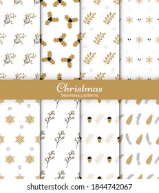Happy New Year and Merry Christmas. Set of 8 cute winter holiday backgrounds. Collection of seamless patterns with gold white and black colors. Vector illustration.
