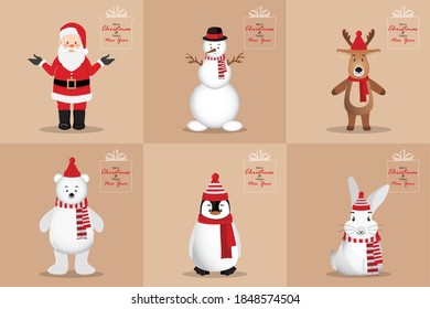 Happy new year and Merry Christmas card with Santa Clause, Snowman, Penguin, White bear, Rabbit, and Deer on brown background cartoon character design vector illustration