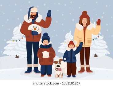 Happy New Year and Merry Christmas. Vector illustration of a family on the nature before the holiday. Mother, father and children sculpt a snowman. 