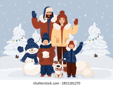 Happy New Year and Merry Christmas. Vector illustration of a family on the nature before the holiday. Mother, father and children sculpt a snowman. 