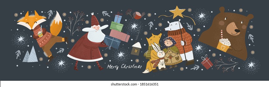 Happy New Year and Merry Christmas! Vector cute illustration of cheerful Santa Claus with gifts in winter, fox on skates. bear with a drink, animals welcoming the holiday. Drawings for greeting card 