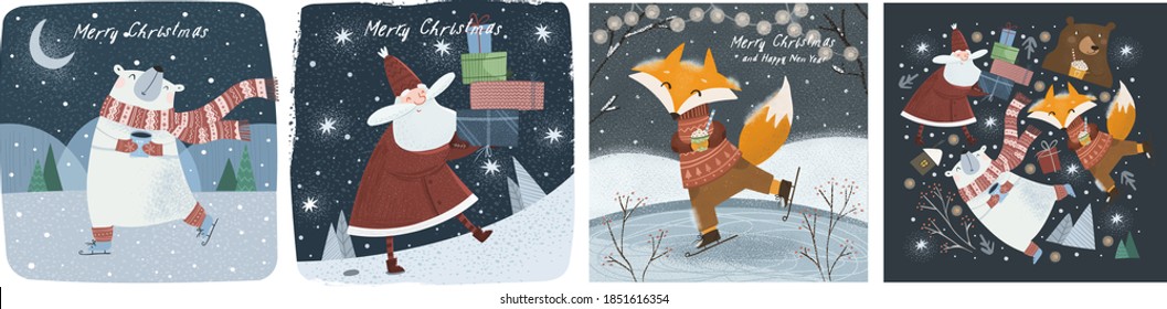 Happy New Year and Merry Christmas! Vector cute illustrations of a cheerful Santa Claus with gifts in winter, a polar bear with cocoa in the forest, and an animal fox on skates. Greeting cards