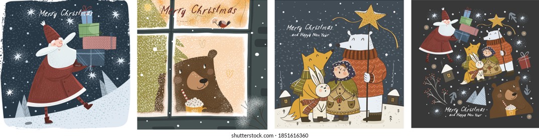 Happy New Year   Merry Christmas! Vector cute illustrations cheerful Santa Claus and gifts  bear outside winter window    animals at night the holiday  Drawings for greeting card   