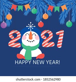 Happy New Year and Merry Christmas. Numbers 2021. Christmas decorations hanging on a Christmas tree branch and snowman. Design pattern for greeting card, banner, poster, flyer, invitation. 