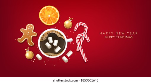 Happy New Year, Merry Christmas, hello winter, realistic Christmas decoration, shop now, sale banner, gold ball, coffee, candy and orange isolated vector illustration