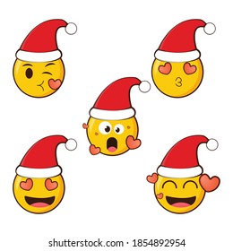 Happy New Year and Merry Christmas. Set of Emoticon With a Christmas Hat Icon Vector Flat Background.