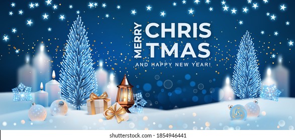 Happy New Year and Merry Christmas banner. Realistic design of Christmas night with Christmas tree, gift box and copper lamp