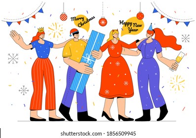 Happy New Year and Merry Christmas - flat design style illustration with trendy characters. Colorful composition with a group of friends, colleagues celebrating, holding presents and champagne glasses