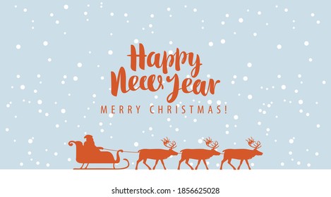 Happy New year and Merry Christmas greeting card or banner. Vector illustration in cartoon style with silhouettes of Santa Claus in sledge and a team of reindeer