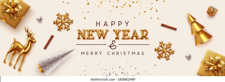 Happy New Year and Merry Christmas banner. Background Xmas design of realistic Gold decorative metal holiday objects. Festive decorations. Horizontal poster, greeting card, headers website. 3d vector