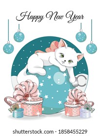 Happy New year. Merry Christmas cute white cat, kitten on ball. Picture in hand drawing cartoon style, for t-shirt wear fashion print design, greeting card, postcard. baby shower. party invitation.